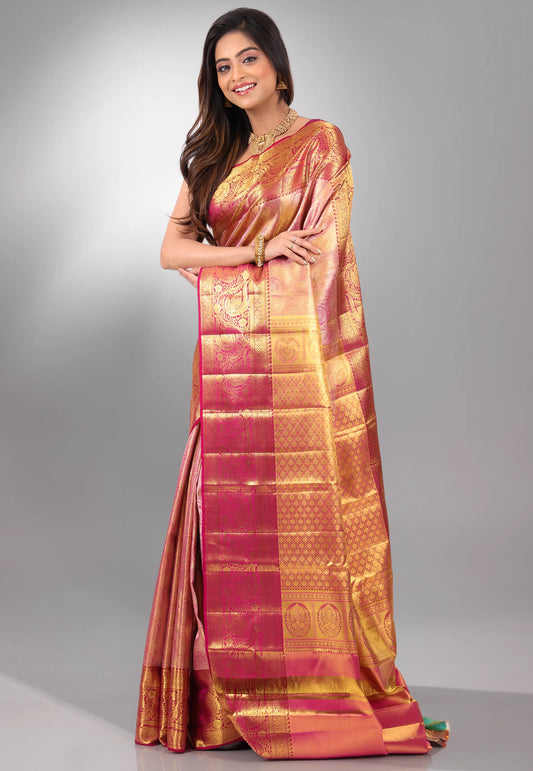 Rani  Pink Brocade Pure Tissue Kanjivaram Silk Saree With Blouse Piece - Adi Akshoy & Co.