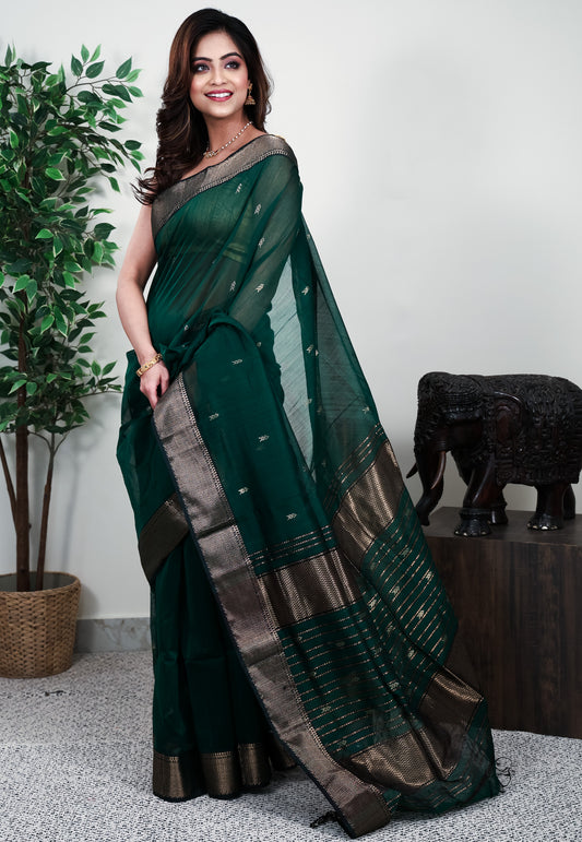 Bottle Green Sico Handloom Saree With Blouse Piece