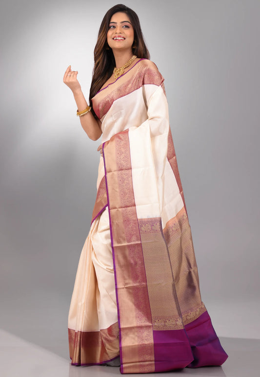 Cream with Purple Border Pure Kanjivaram Silk Saree With Blouse Piece - Adi Akshoy & Co.