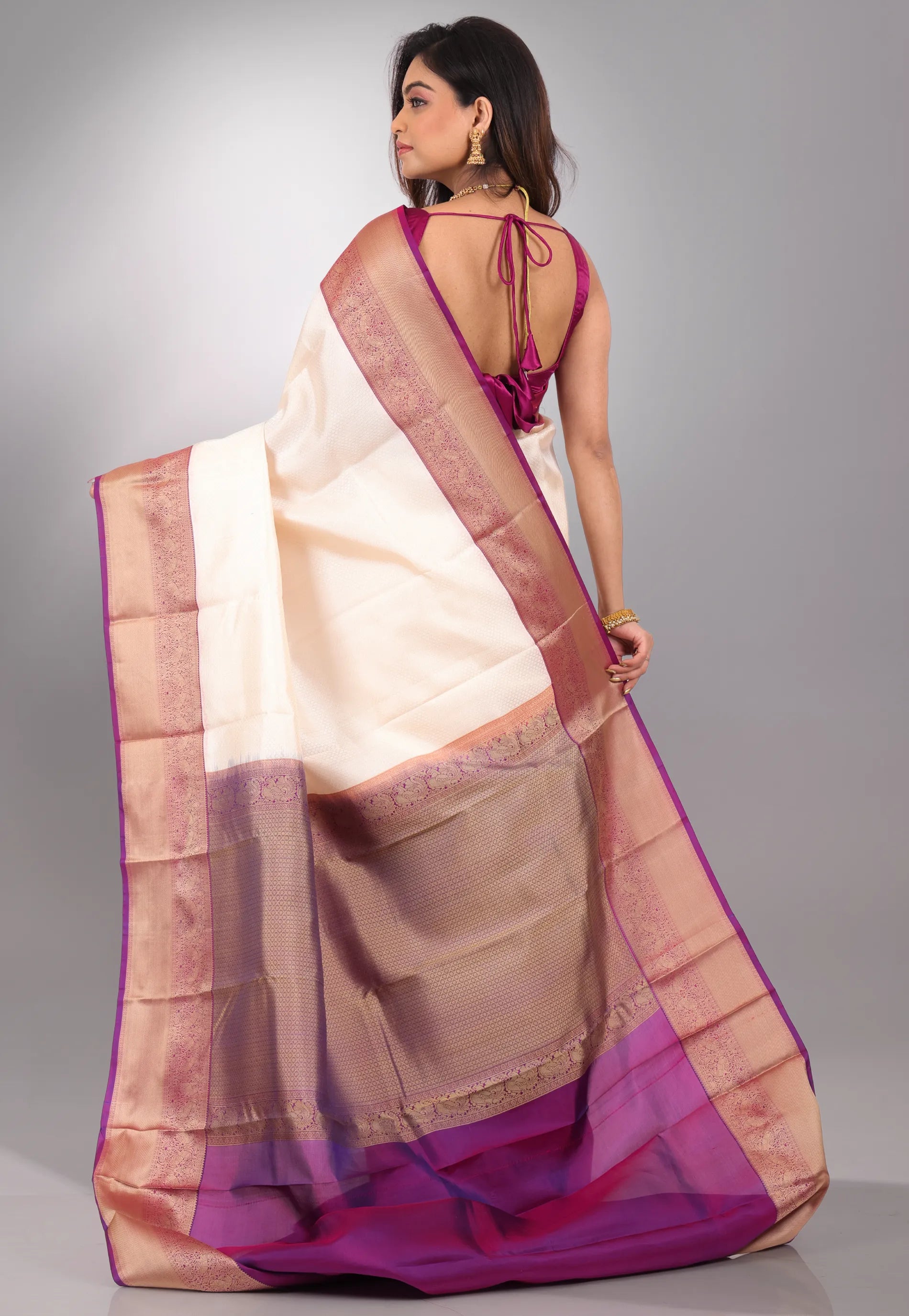 Cream with Purple Border Pure Kanjivaram Silk Saree With Blouse Piece - Adi Akshoy & Co.