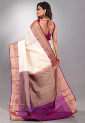Cream with Purple Border Pure Kanjivaram Silk Saree With Blouse Piece - Adi Akshoy & Co.