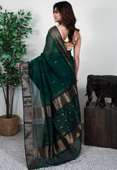 Bottle Green Sico Handloom Saree With Blouse Piece