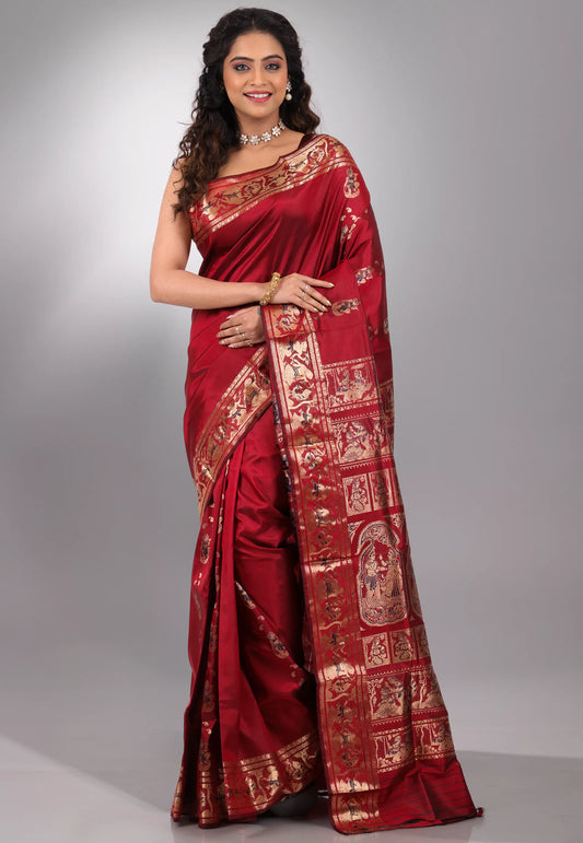 Red Baluchari with Zari work Pure Silk Saree with Blouse Piece - Adi Akshoy & Co.