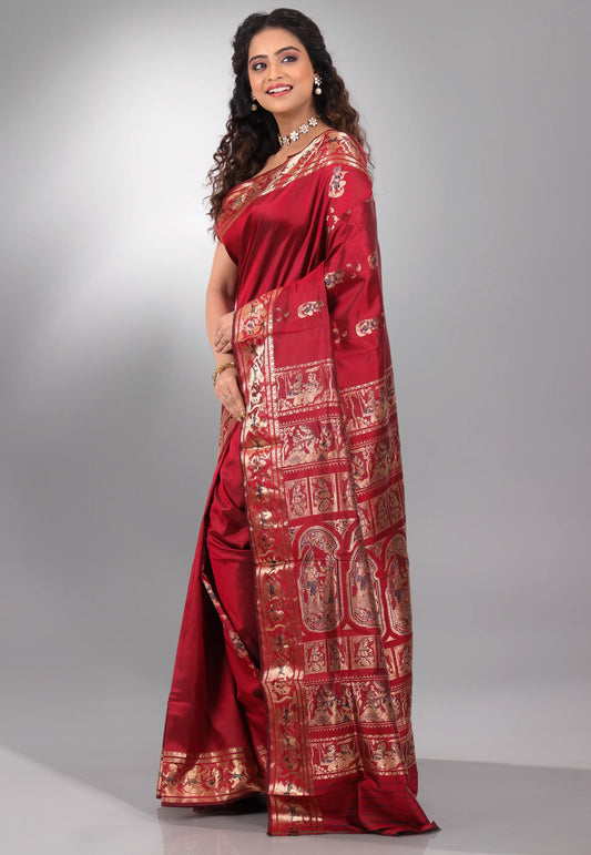 Red Baluchari with Zari work Pure Silk Saree with Blouse Piece - Adi Akshoy & Co.