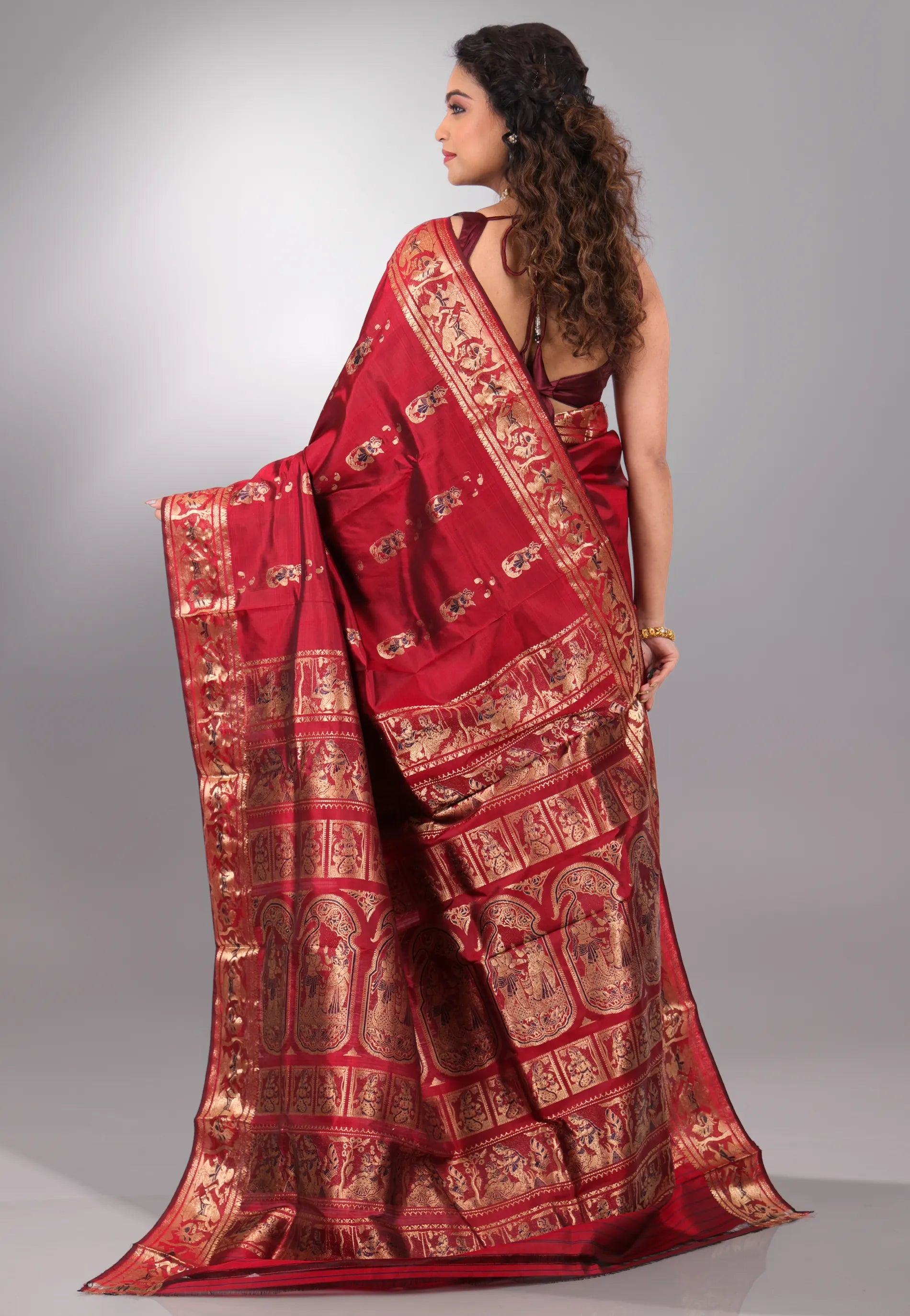 Red Baluchari with Zari work Pure Silk Saree with Blouse Piece - Adi Akshoy & Co.