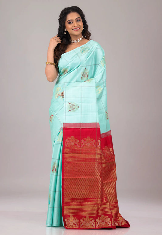 Sky Blue Pure Kanjivaram Silk Saree With Blouse Piece - Adi Akshoy & Co.