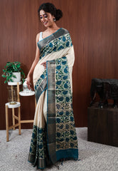 Off White Tussar Silk Printed Saree with Blouse Piece