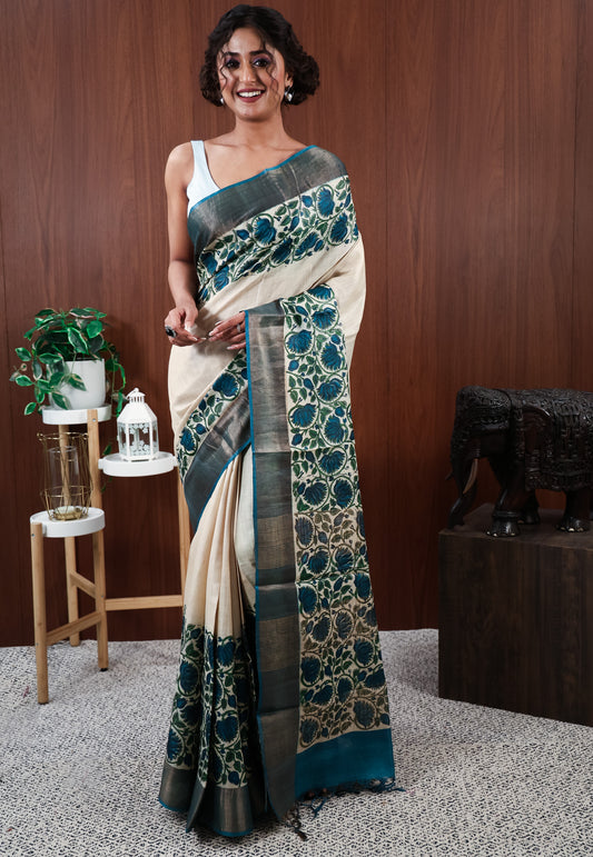 Off White Tussar Silk Printed Saree with Blouse Piece