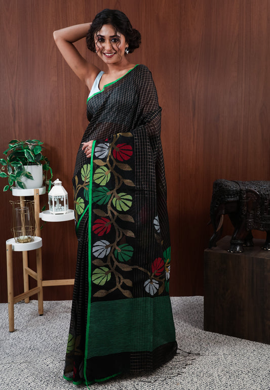 Black Handloom Saree With Blouse Piece