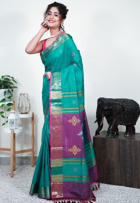 Rama Green Blended Silk Handloom Saree With Blouse Piece