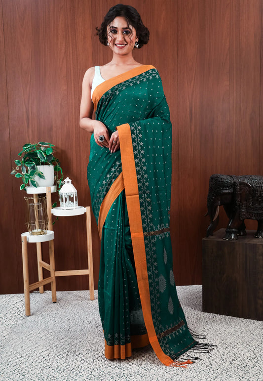 Bottle Green Handloom Saree With Blouse Piece