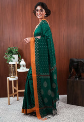 Bottle Green Handloom Saree With Blouse Piece
