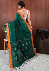 Bottle Green Handloom Saree With Blouse Piece
