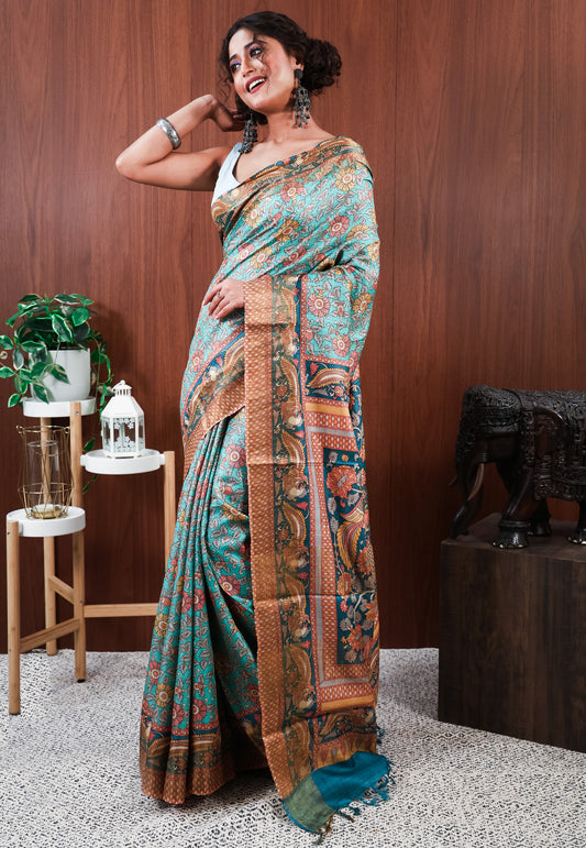 Sea Green Tussar Pure Silk Saree with Blouse Piece