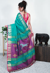 Rama Green Blended Silk Handloom Saree With Blouse Piece