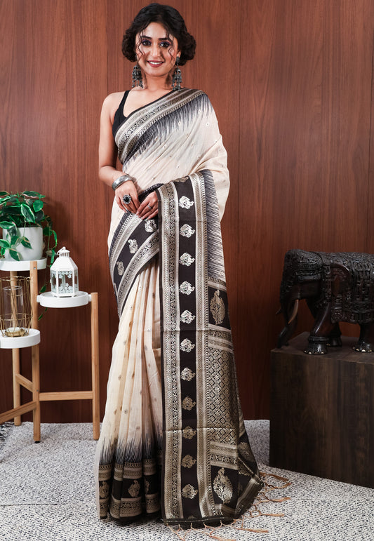 Off White with Black Border Tussar Silk Saree with Blouse Piece