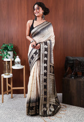 Off White with Black Border Tussar Silk Saree with Blouse Piece