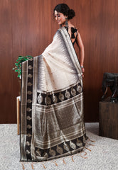 Off White with Black Border Tussar Silk Saree with Blouse Piece