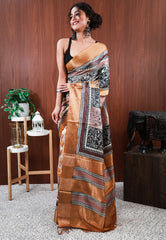 Brown Base Tussar Pure Silk Saree with Blouse Piece