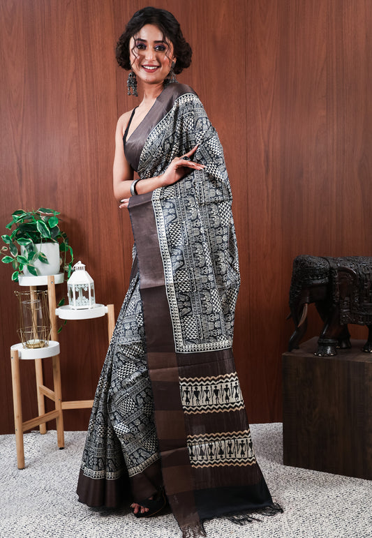 Black Tussar Pure Silk Saree with Blouse Piece