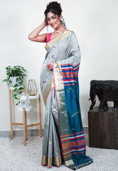 Grey Blended Silk Handloom Saree With Blouse Piece