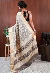 Off White Tussar Pure Silk Printed Saree with Blouse Piece