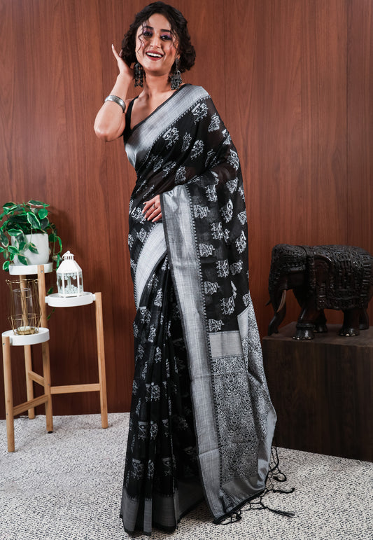 Black Tussar Silk Saree with Blouse Piece