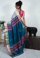 Grey Blended Silk Handloom Saree With Blouse Piece