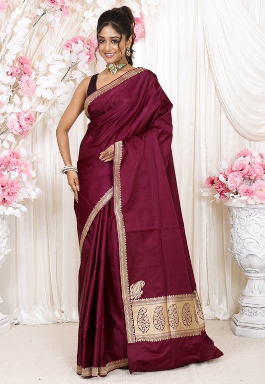 Garnet Kadwa Pure Silk Banarasi Saree with Blouse Piece