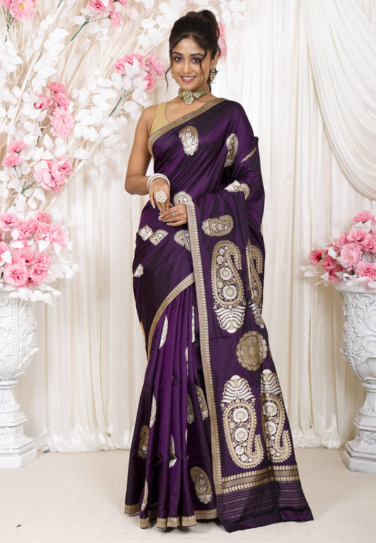 Purple Kadwa Pure Silk Banarasi Saree with Blouse Piece