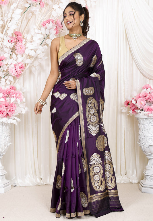 Purple Kadwa Pure Silk Banarasi Saree with Blouse Piece