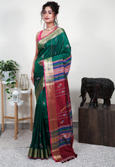 Bottle Green Blended Silk Handloom Saree With Blouse Piece