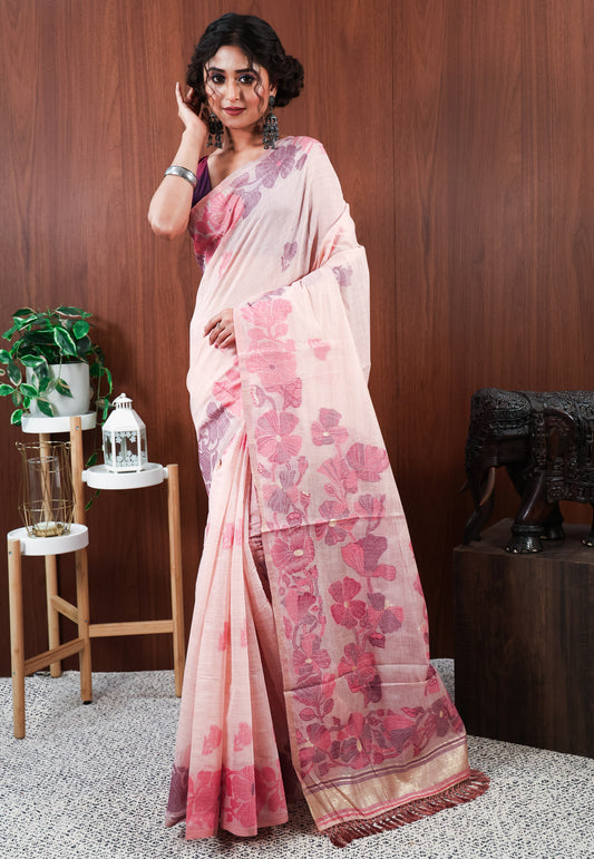 Peach Tussar Silk Saree with Blouse Piece