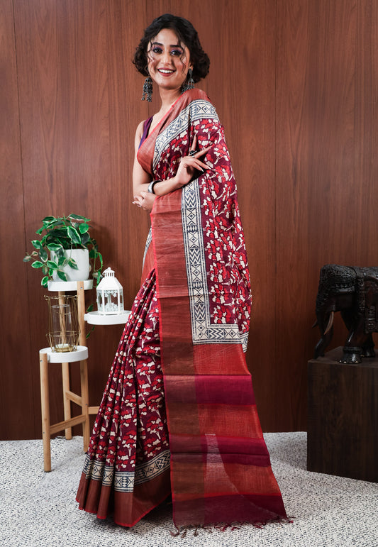 Maroon Base Tussar Silk Saree with Blouse Piece