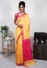 Yellow Matka Handloom Saree With Blouse Piece