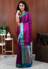 Magenta with Rama Green Border Mashru Silk Saree with Blouse Piece