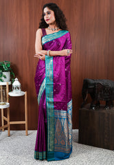 Magenta with Rama Green Border Mashru Silk Saree with Blouse Piece