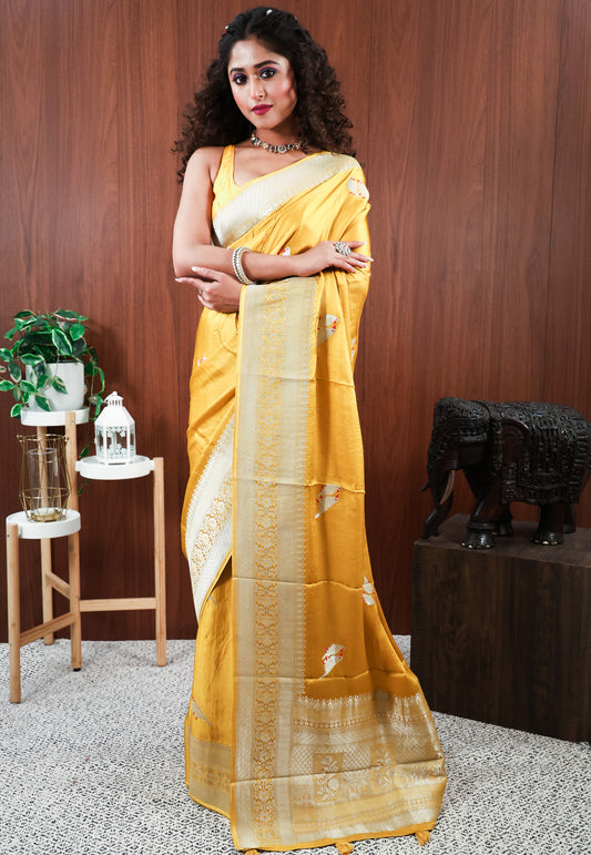 Yellow Mashru Silk Saree with Blouse Piece