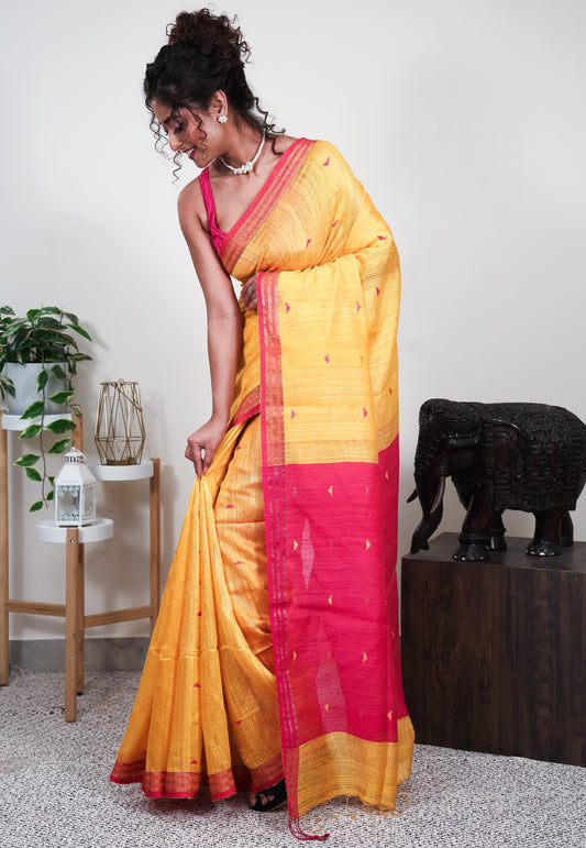 Yellow Matka Handloom Saree With Blouse Piece