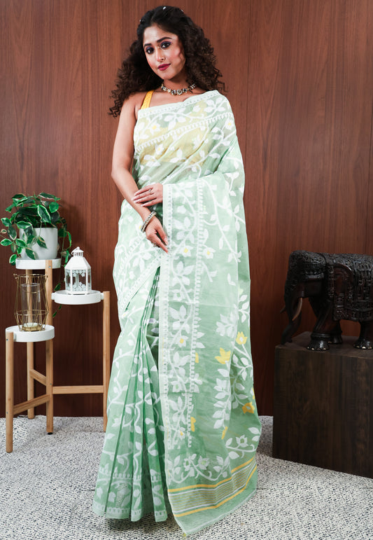 Pastel Green Dhakai Jamdani Cotton Saree without Blouse Piece