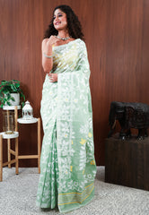 Pastel Green Dhakai Jamdani Cotton Saree without Blouse Piece