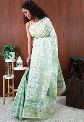 Pastel Green Dhakai Jamdani Cotton Saree without Blouse Piece