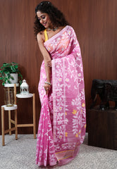 Onion Pink Dhakai Jamdani Cotton Saree without Blouse Piece