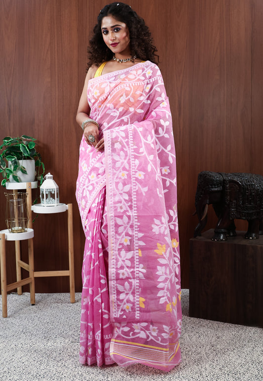 Onion Pink Dhakai Jamdani Cotton Saree without Blouse Piece