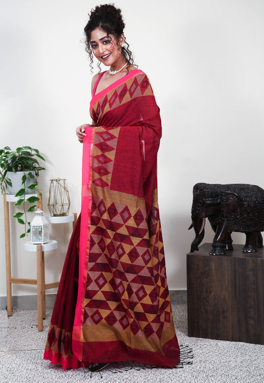 Maroon Handloom Saree With Blouse Piece