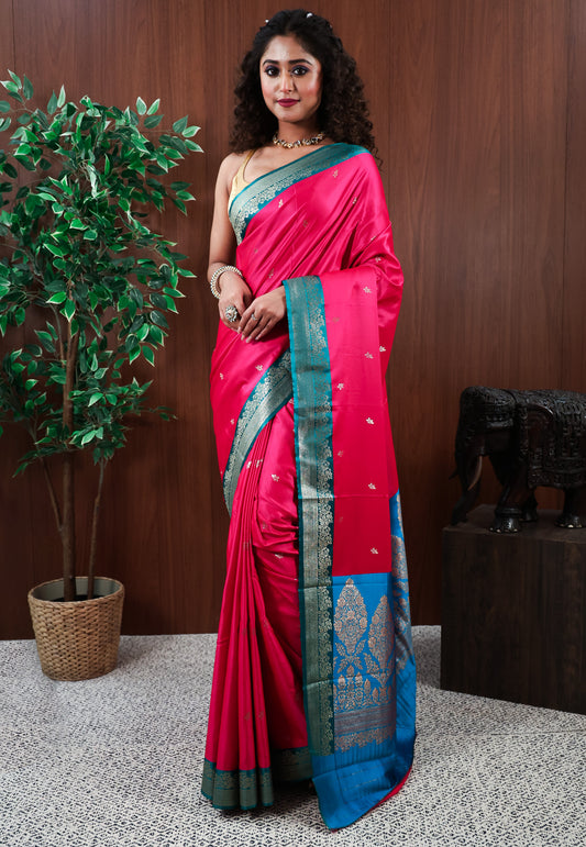 Rani Pink with Rama Green Mashru Silk Saree with Blouse Piece