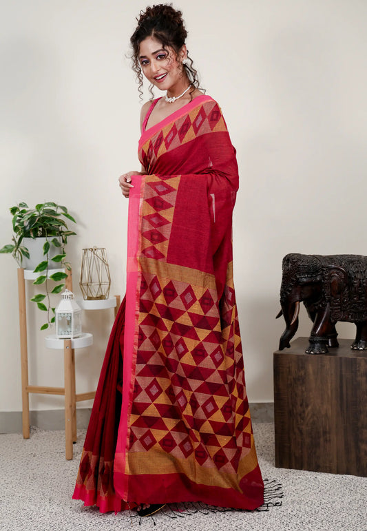 Maroon Handloom Saree With Blouse Piece