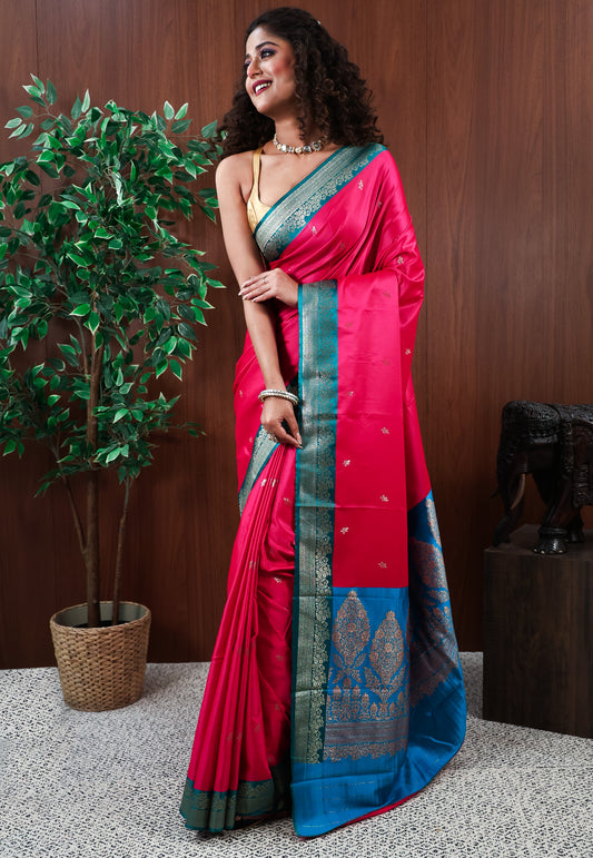 Rani Pink with Rama Green Mashru Silk Saree with Blouse Piece