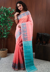 Peach Dhakai Jamdani Cotton Saree without Blouse Piece