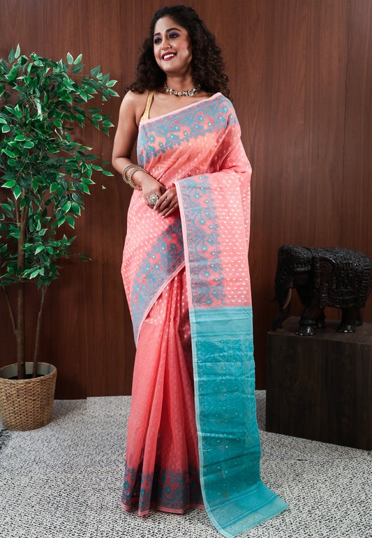 Peach Dhakai Jamdani Cotton Saree without Blouse Piece